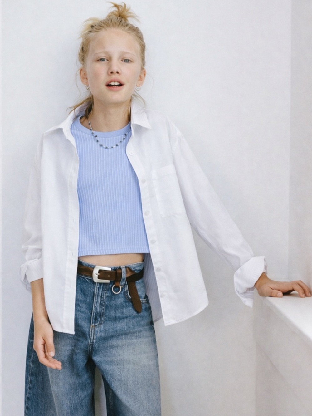 Zara White Long-Sleeve Button-Down Shirt with Blue Tank 100% Cotton